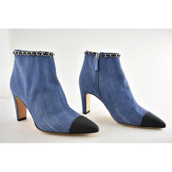Chanel 20C Blue Denim Fabric Black Chain CC Logo Short Ankle Heel Boot Bootie 38 - Picture 4 of 12